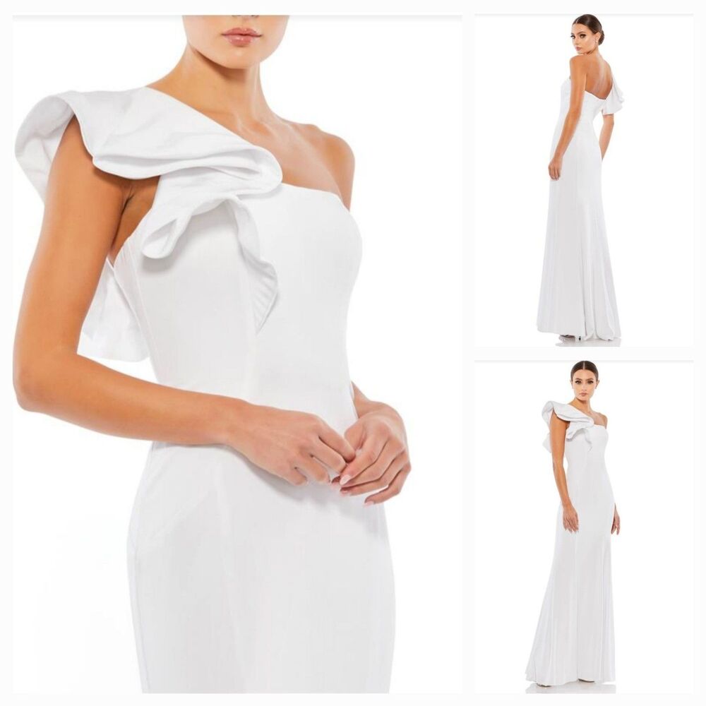 New MAC DUGGAL 67156 Wm (16) White One Shoulder Ruffle Mermaid Wedding Maxi Gown